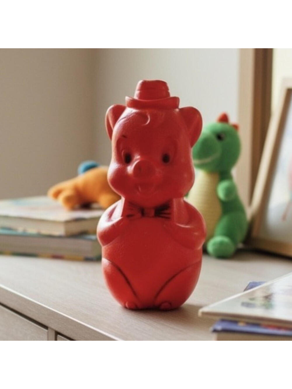 Vintage Red Piggy Bank Blow Mold Plastic Pig Bank Mid Century Nursery Decor